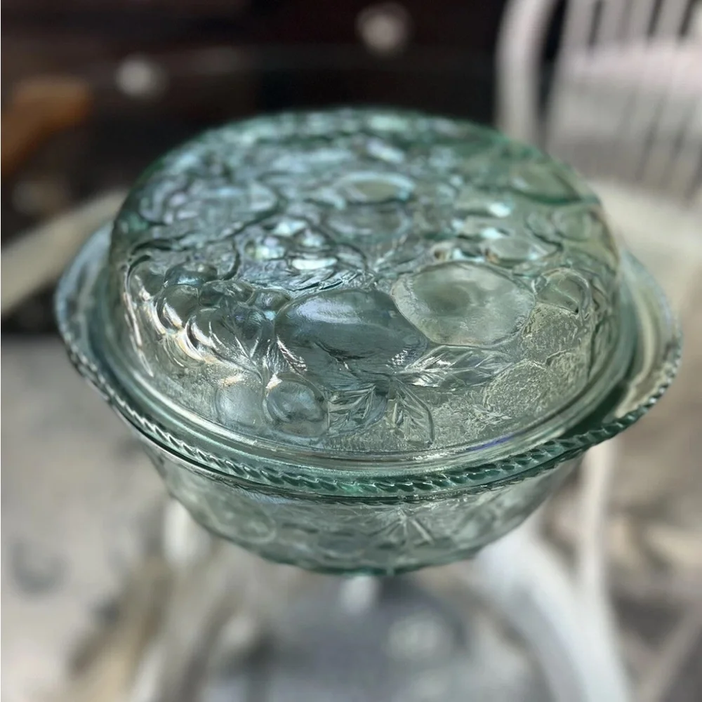 Vintage Libbey-Rock Sharpe “Orchard Fruit” Green Glass Round Covered Casserole